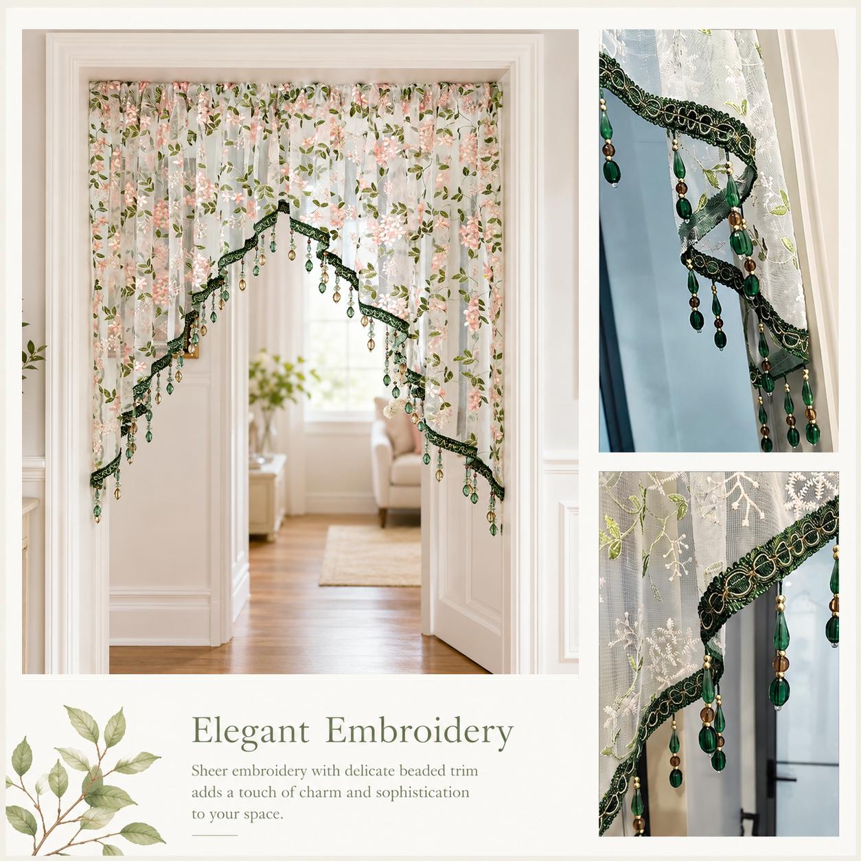 Hole-free French floral door curtains | Luxurious lace curtains with hanging crystal beads, ideal for decorating rented properties Hole-free French floral door curtains | Luxurious lace curtains with hanging crystal beads, ideal for decorating rented properties