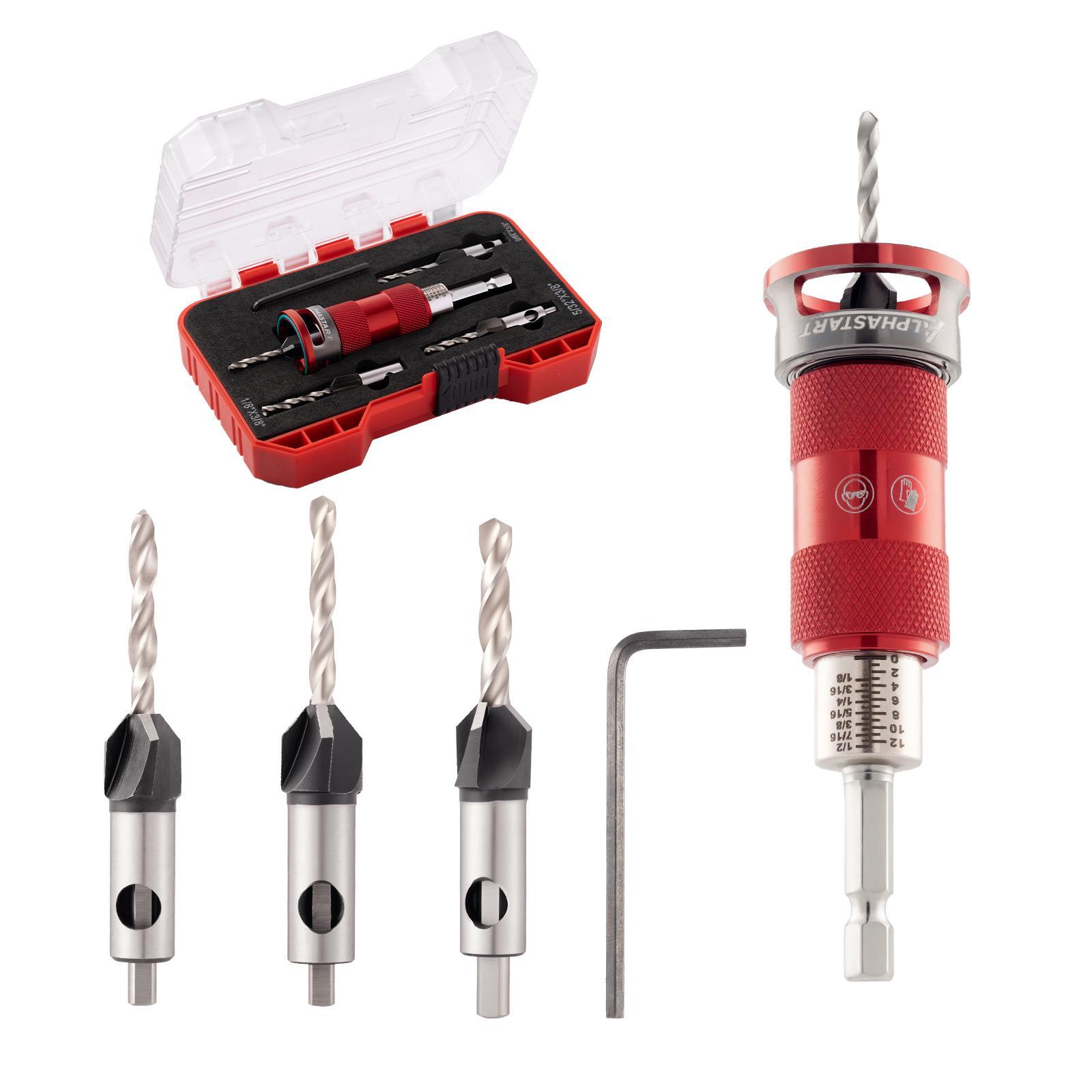 ALPHASTART 4PCS HCS (High Carbon Steel) 4-Blade Countersink Drill Bit Set with Adjustable Depth Stop, L-Shape Wrench, Work Tools for Precision Drilling, Suitable for Wood and Plastic, Tool Included for Drilling in Wood and Plastic