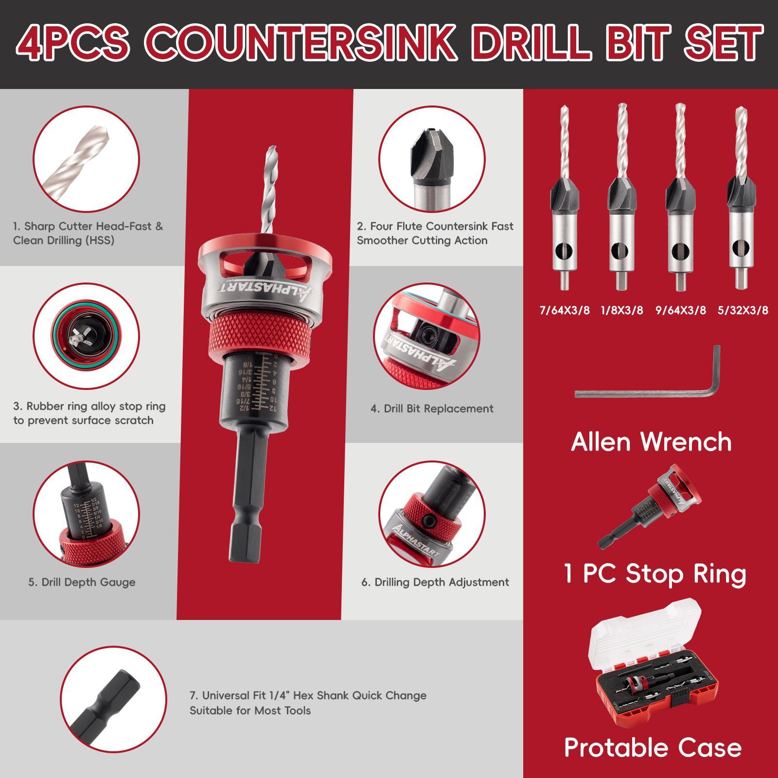 ALPHASTART 4PCS HCS (High Carbon Steel) 4-Blade Countersink Drill Bit Set with Adjustable Depth Stop, L-Shape Wrench, Work Tools for Precision Drilling, Suitable for Wood and Plastic, Tool Included for Drilling in Wood and Plastic