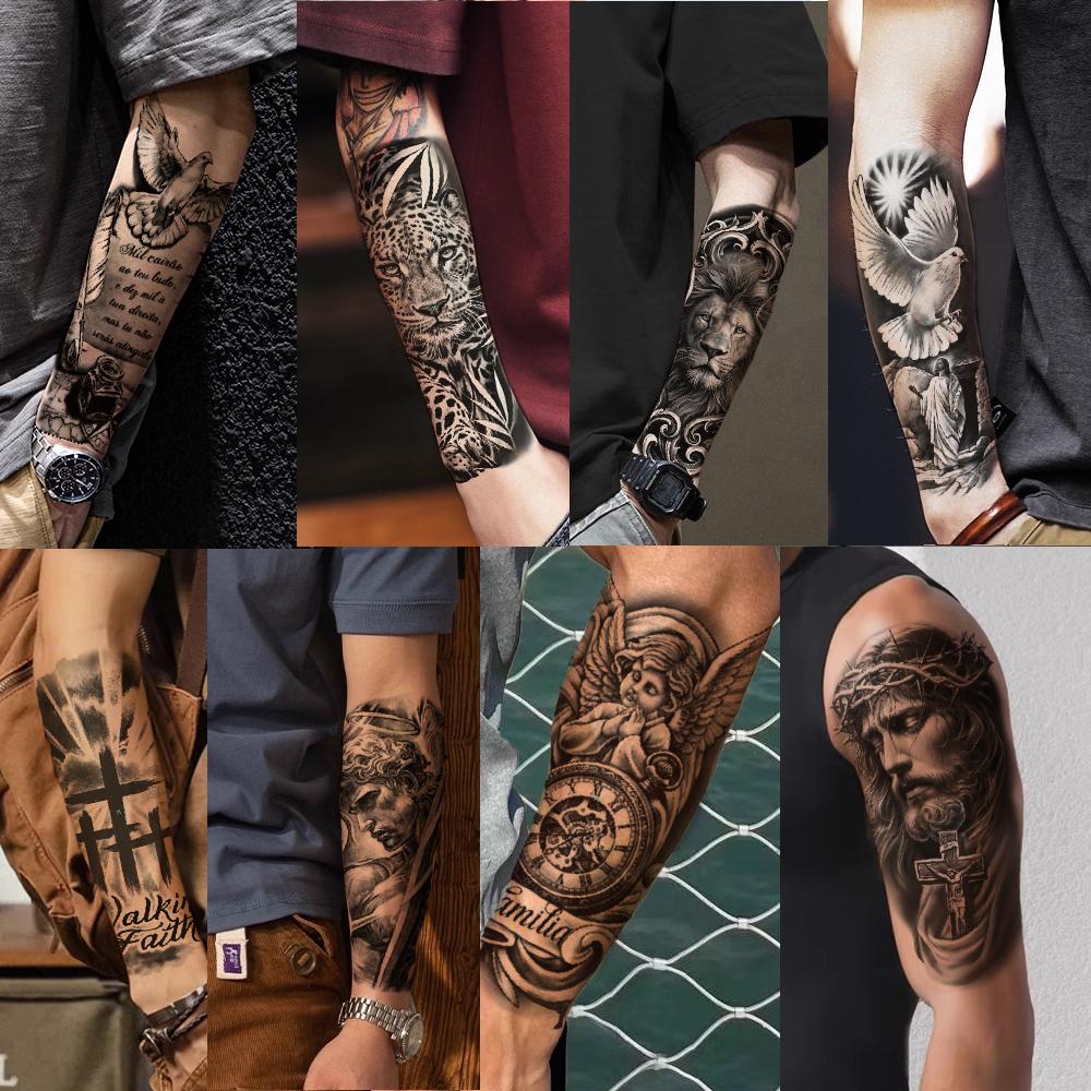 76 Sheets Large Black Temporary Tattoo Stickers - Tribal Wolves, Tigers, Lions, Snakes, Skulls, 12 Fake Tattoo Stickers for Men & Women Arm Designs