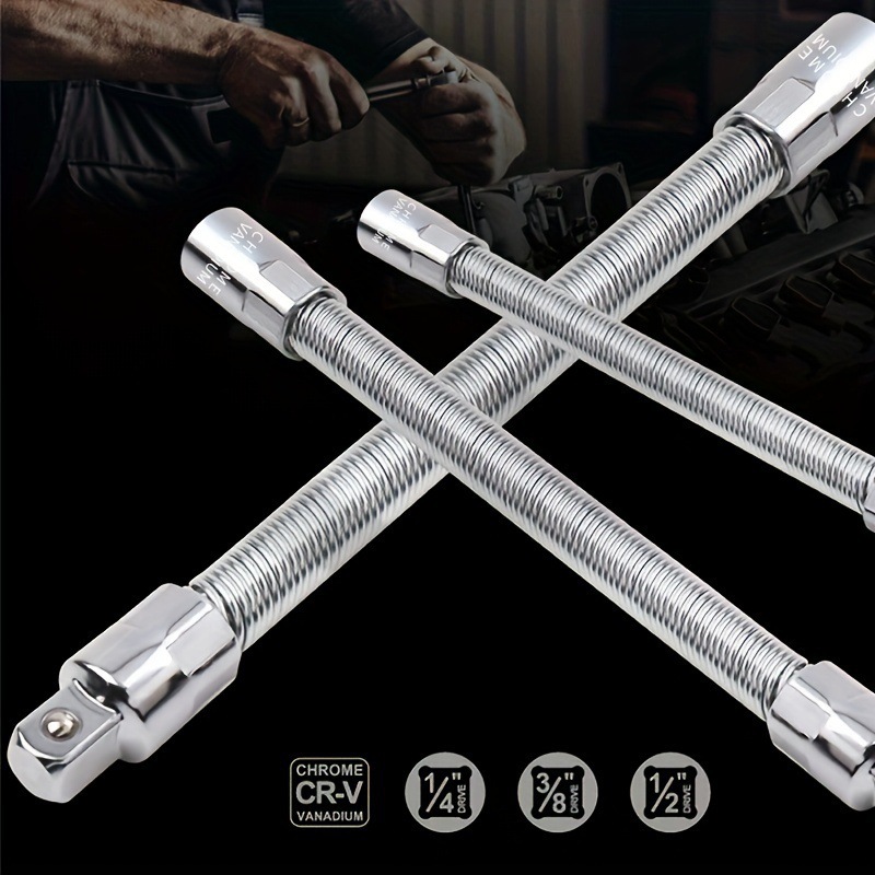 Flexible Extension Bar Set, 1/2", 3/8", 1/4" Silver Flexible Socket Wrench Extension Drive Socket Driver Handle 3Pcs