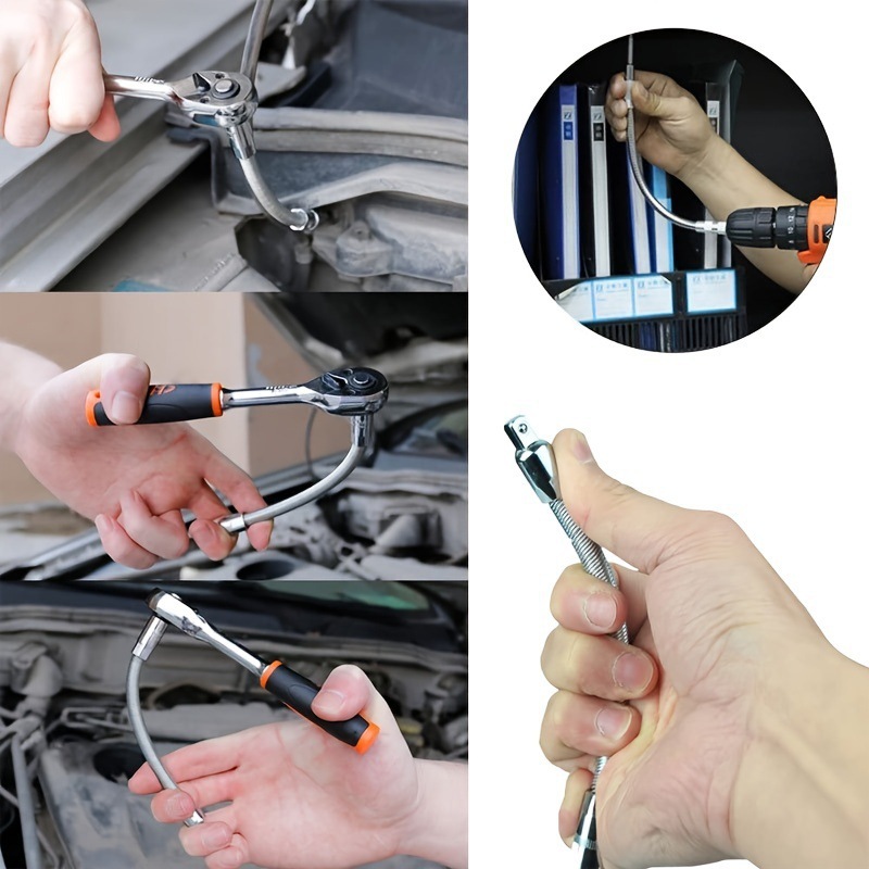Flexible Extension Bar Set, 1/2", 3/8", 1/4" Silver Flexible Socket Wrench Extension Drive Socket Driver Handle 3Pcs