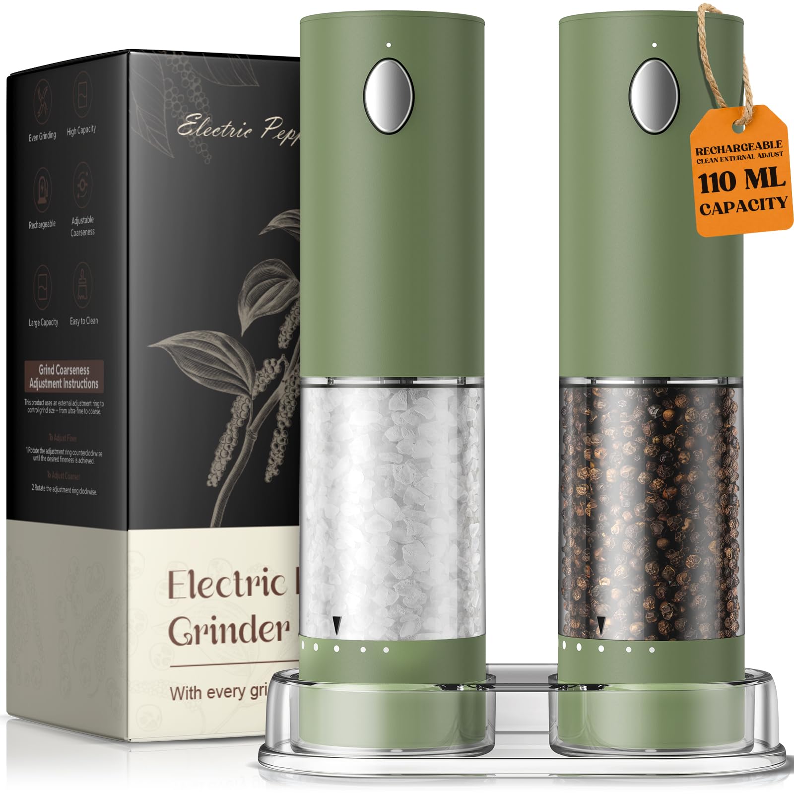 Rechargeable Electric Salt and Pepper Grinder Set Large Capacity Pepper Mill with LED