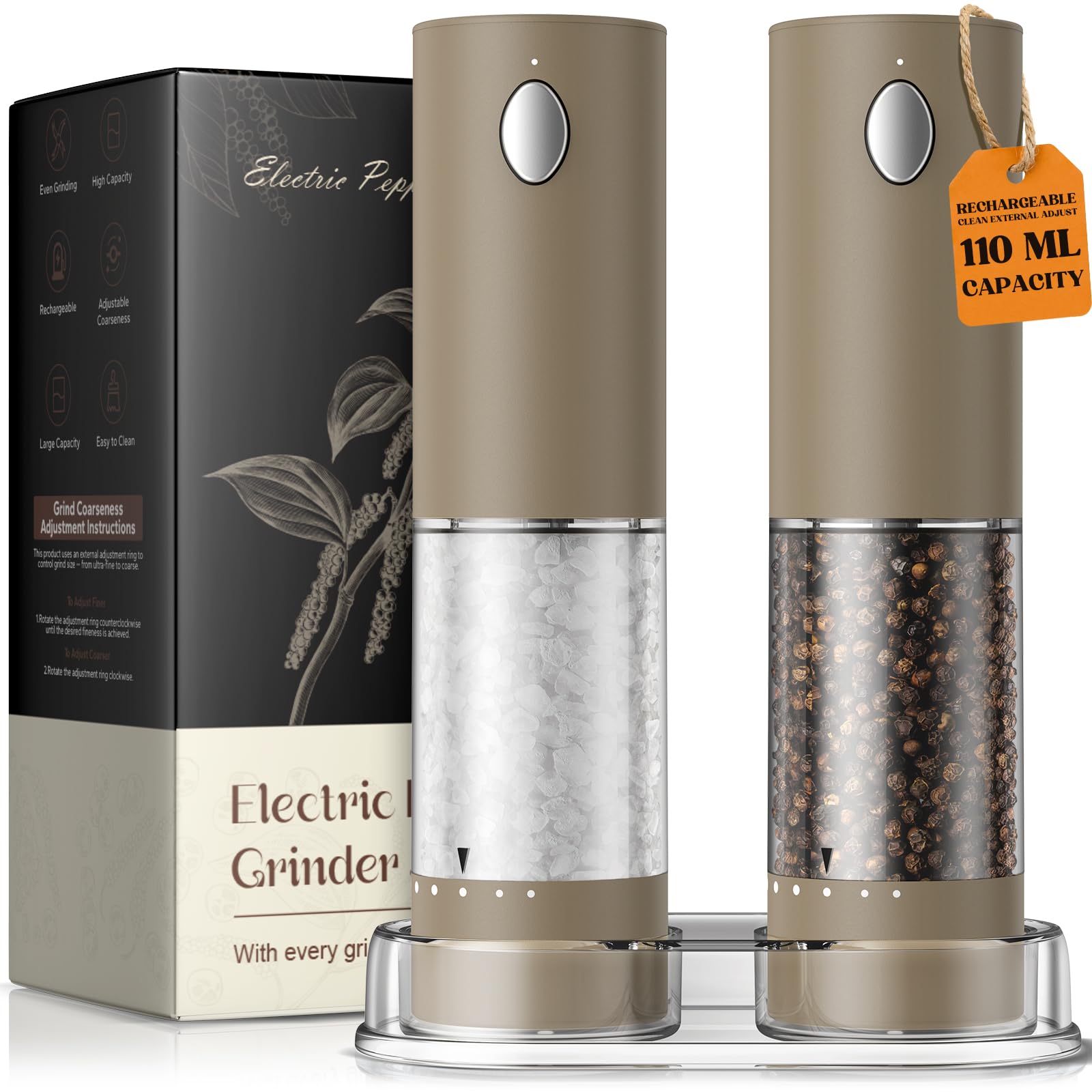 Rechargeable Electric Salt and Pepper Grinder Set Large Capacity Pepper Mill with LED