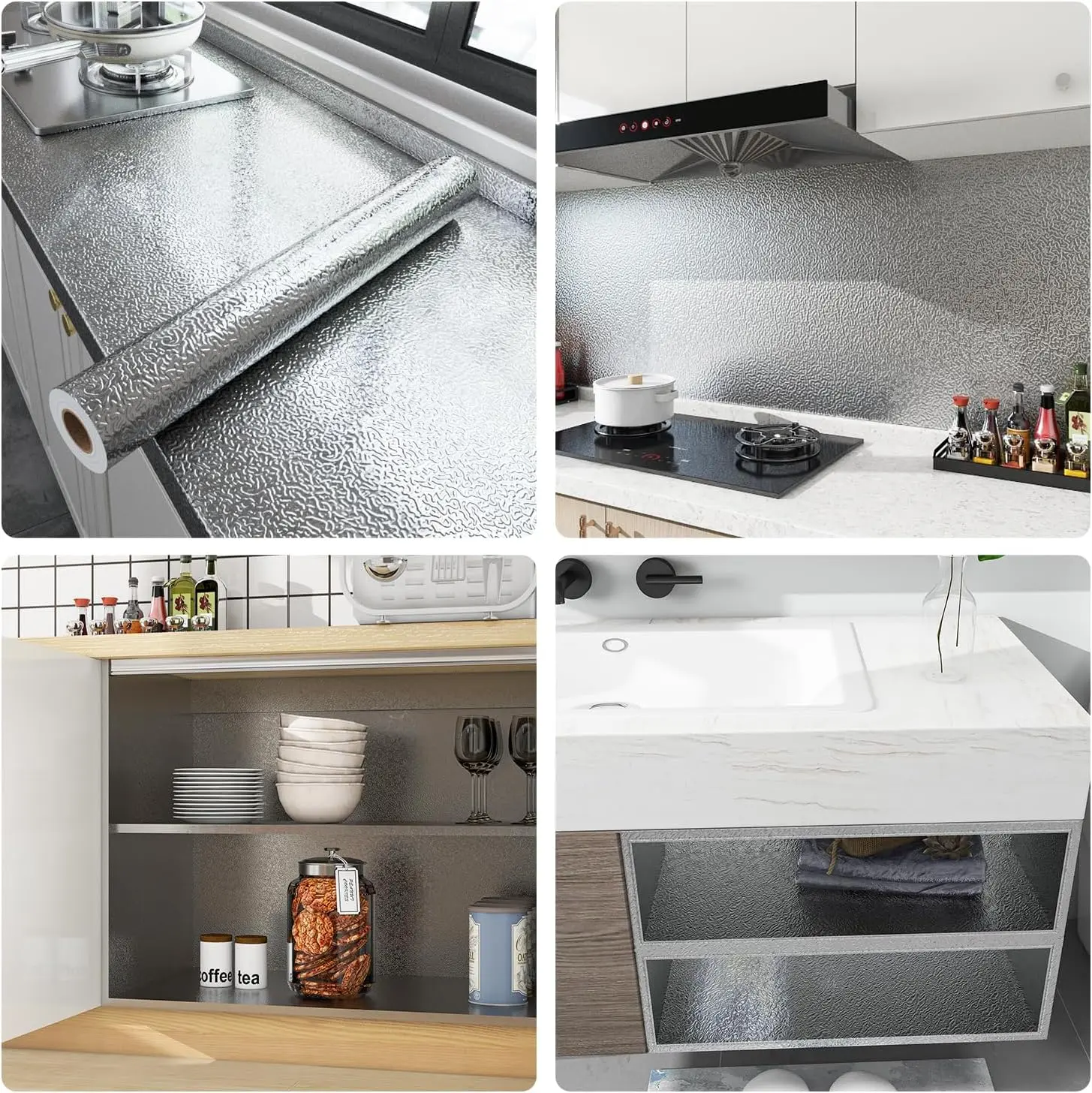 Livelynine Silver Contact Paper for Kitchen Oil Proof Waterproof Sticker Aluminum Foil Kitchen Wallpaper Backsplash Peel and Stick Self Adhesive Shelf Liners for Drawer Removable
