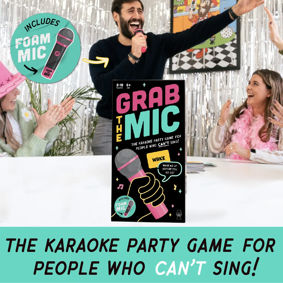 Grab The Mic Karaoke-Style Game with Foam Microphone 125 Word Cards Game Board Player Tokens & Easy Instructions for Non-Singers