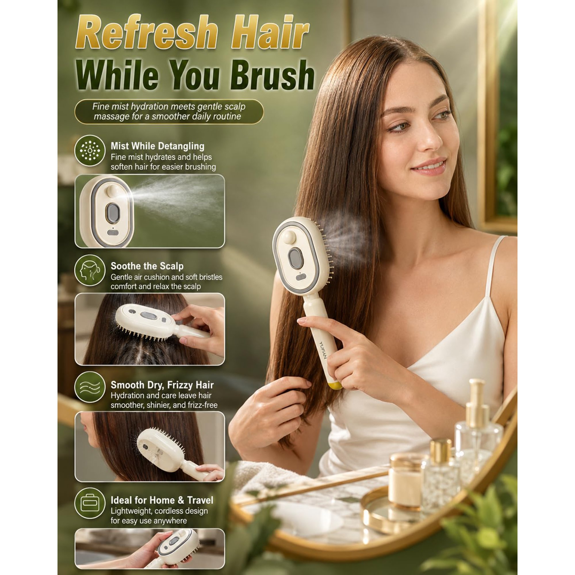 Electric Steam Brush, Electric Spray Air Cushion Massage Comb for Women, Rechargeable Water Spray Hair Brush, Detangling & Anti-Static Hair Brush, Reduce Frizz, Smooth & Nourish