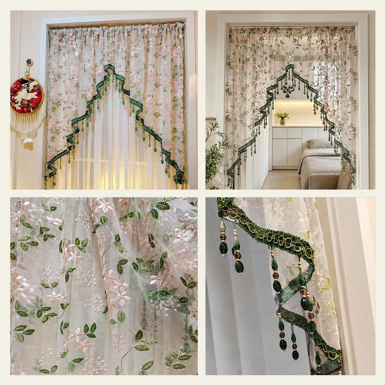 Hole-free French floral door curtains | Luxurious lace curtains with hanging crystal beads, ideal for decorating rented properties Hole-free French floral door curtains | Luxurious lace curtains with hanging crystal beads, ideal for decorating rented properties