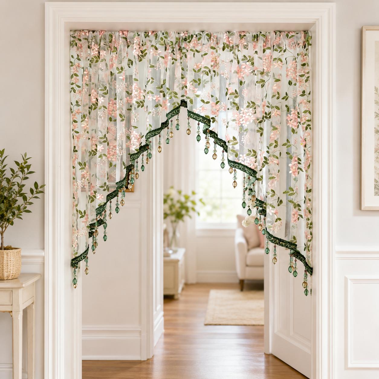 Hole-free French floral door curtains | Luxurious lace curtains with hanging crystal beads, ideal for decorating rented properties Hole-free French floral door curtains | Luxurious lace curtains with hanging crystal beads, ideal for decorating rented properties