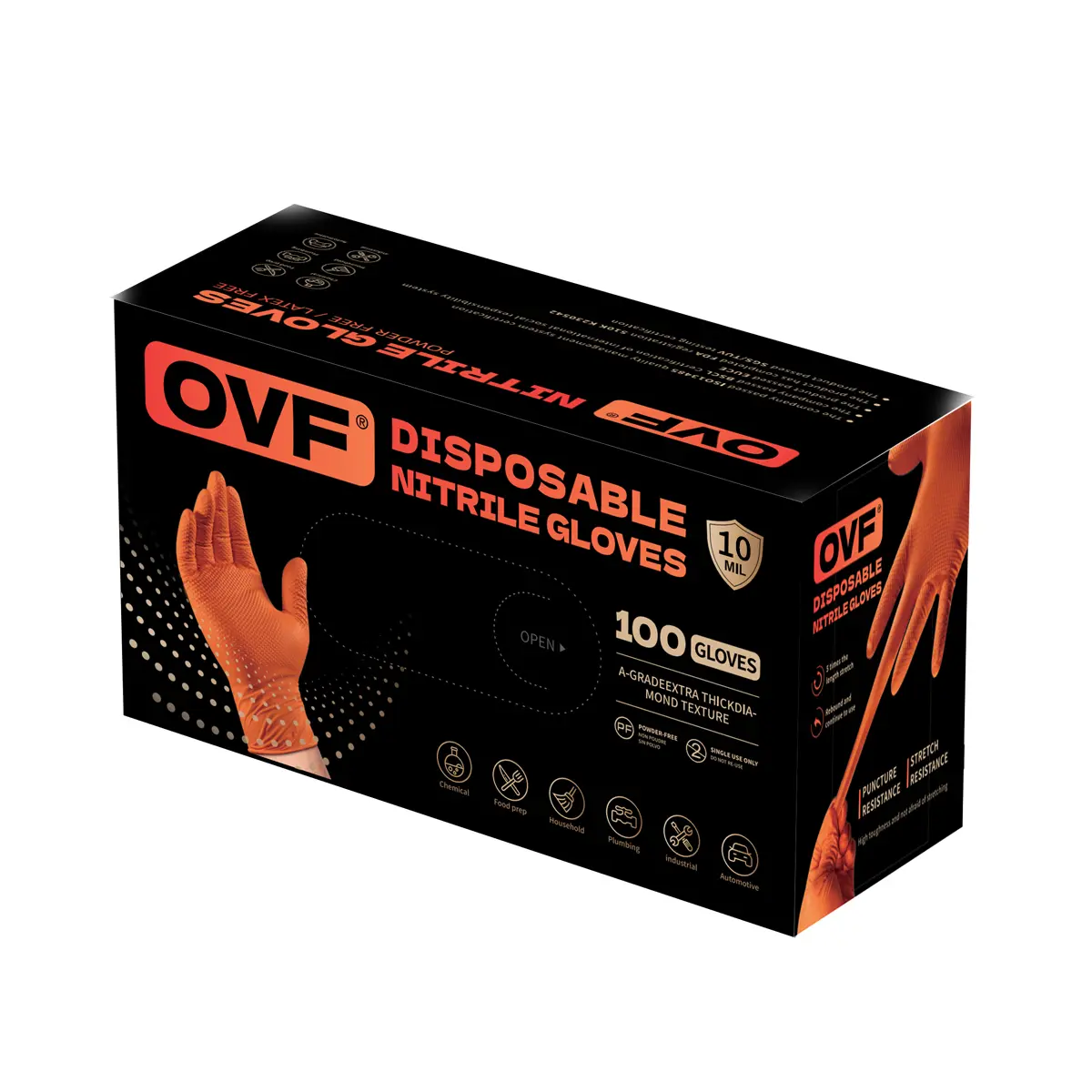OVF Black Nitrile Gloves, 5mil Heavy Duty Soft Disposable Gloves, 100 Count Latex Free Powder Free Reusable Gloves for Cleaning, Auto Repair, Food Processing, Tattoo, Hair Dye, Kitchen, Salon, Gardening (M-XL Sizes)