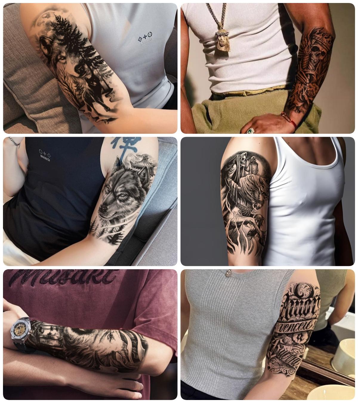 76 Sheets Large Black Temporary Tattoo Stickers - Tribal Wolves, Tigers, Lions, Snakes, Skulls, 12 Fake Tattoo Stickers for Men & Women Arm Designs