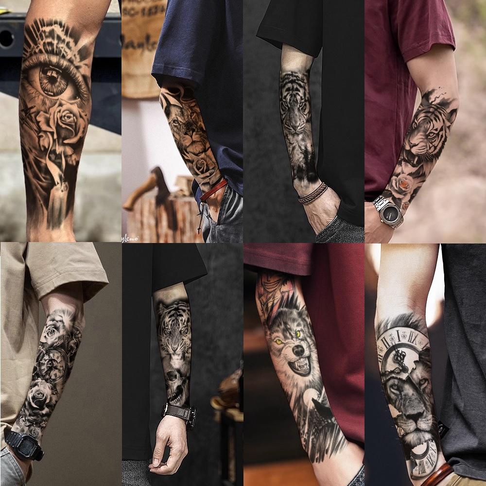76 Sheets Large Black Temporary Tattoo Stickers - Tribal Wolves, Tigers, Lions, Snakes, Skulls, 12 Fake Tattoo Stickers for Men & Women Arm Designs