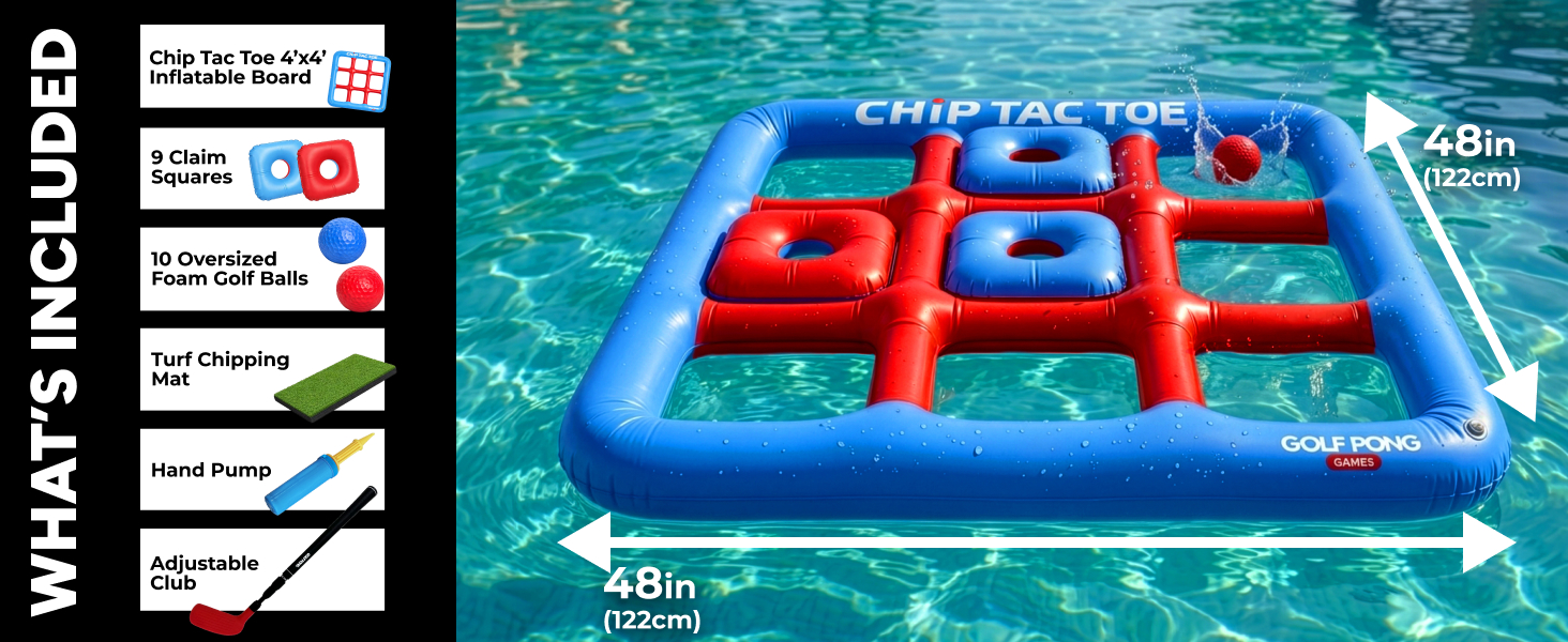Chip Tac Toe with Club includes everything you need to play in the pool or out