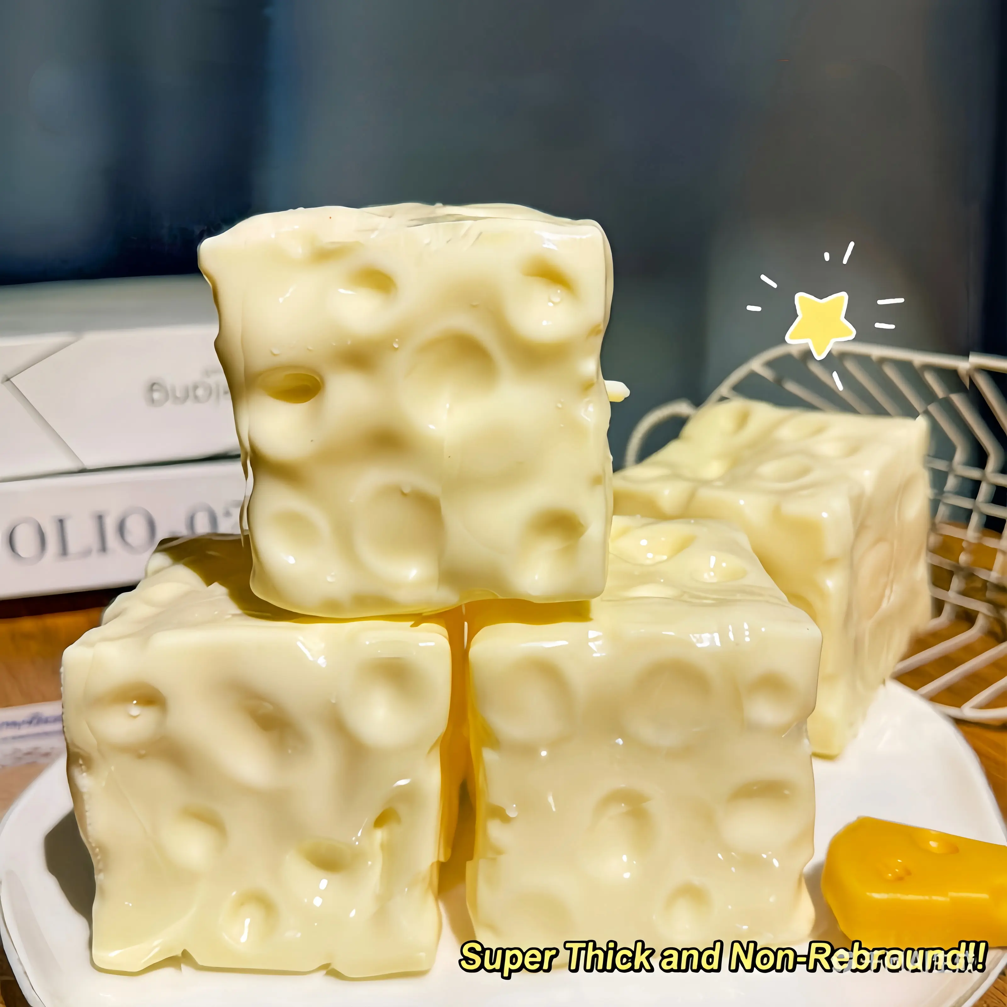 Squishy Cheese Squishy Petroleum jelly Cheese Block Squishy Stressrelief Stress ball Filled with Petroleum jelly Cheese Squishy Desktop Ornament for Adults, Portable Office Decompression Decor, Ideal Party Favor & Holiday Mini Gift