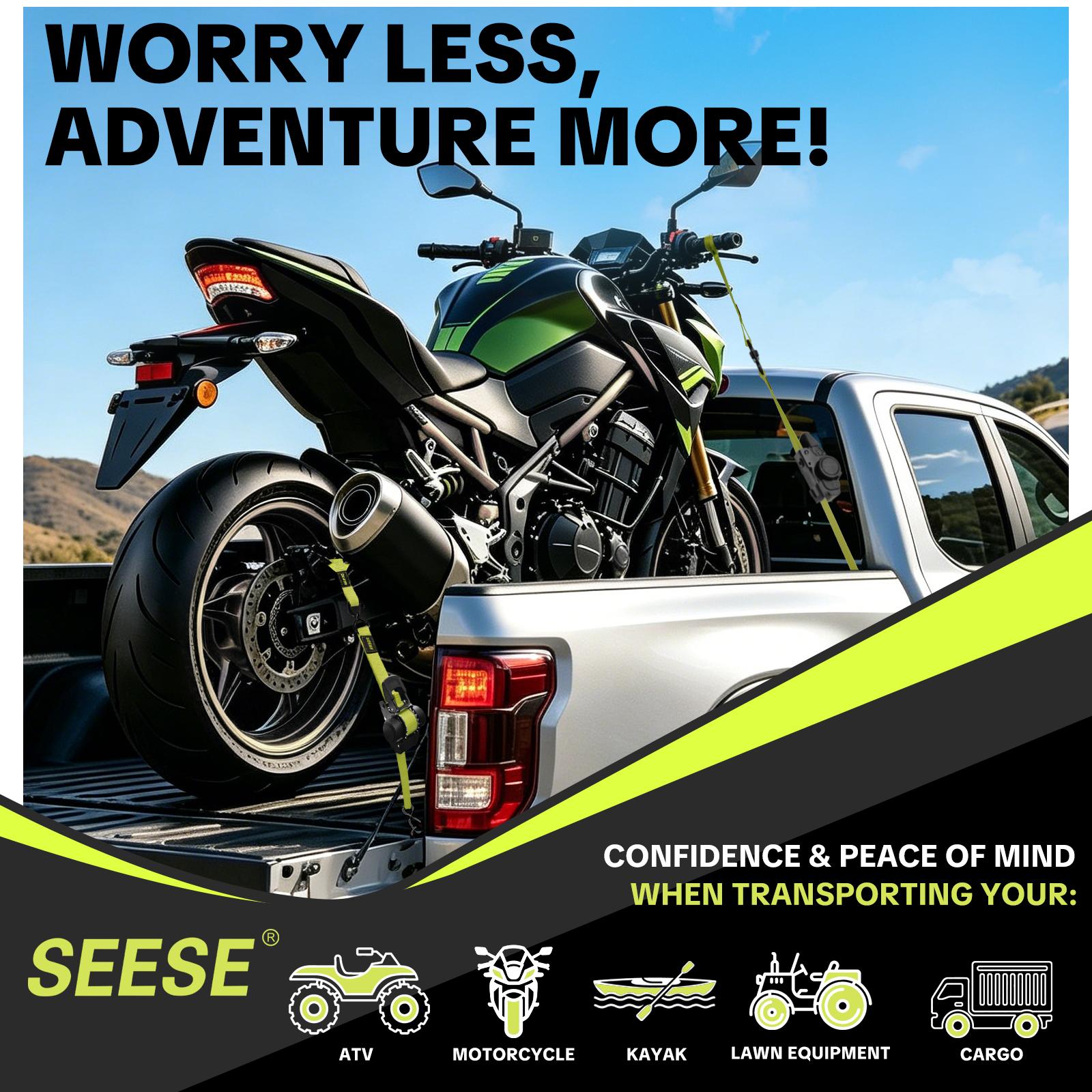 SEESE Car Tie Downs with Ratchets 1"x 11 ft-1500 LB Break Strength Cargo Straps for Moving Appliances, Lawn Equipment, Motorcycle Green