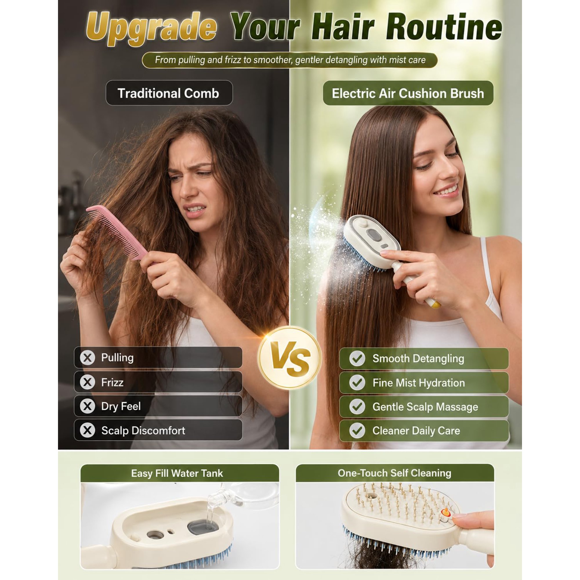 Electric Steam Brush, Electric Spray Air Cushion Massage Comb for Women, Rechargeable Water Spray Hair Brush, Detangling & Anti-Static Hair Brush, Reduce Frizz, Smooth & Nourish