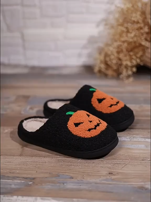 Women Men Comfy Faux Fur Lined Skull Pumpkin Plush Slippers Antislip Soft Sole House Shoes Bedroom Shoes Flat Slides Fluffy Footwear Halloween gift