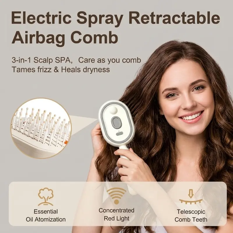 Electric Steam Brush, Electric Spray Air Cushion Massage Comb for Women, Rechargeable Water Spray Hair Brush, Detangling & Anti-Static Hair Brush, Reduce Frizz, Smooth & Nourish