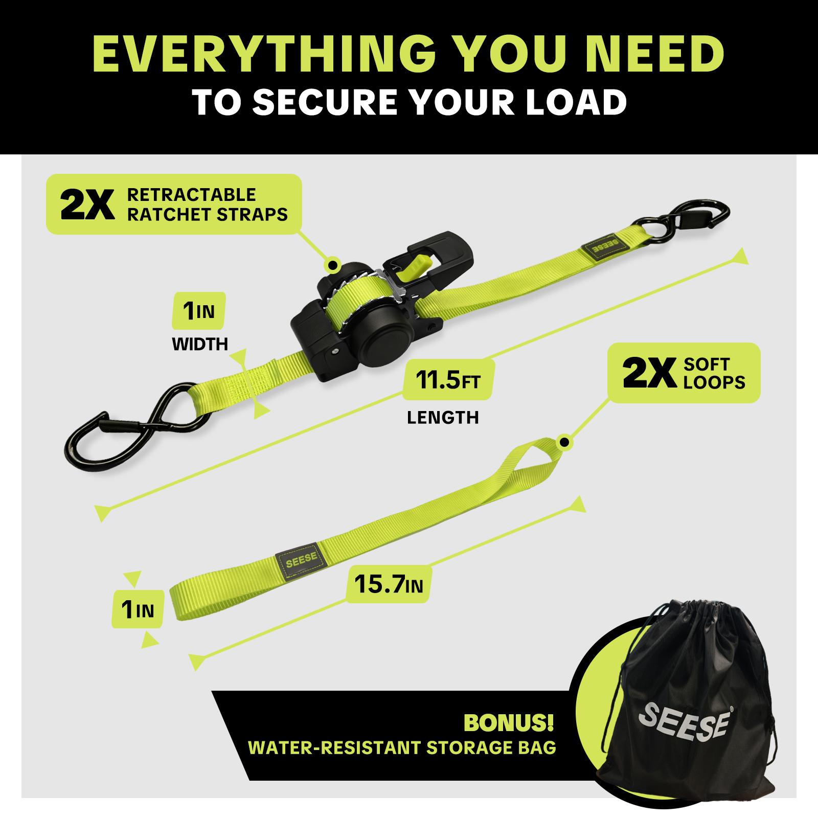 SEESE Car Tie Downs with Ratchets 1"x 11 ft-1500 LB Break Strength Cargo Straps for Moving Appliances, Lawn Equipment, Motorcycle Green