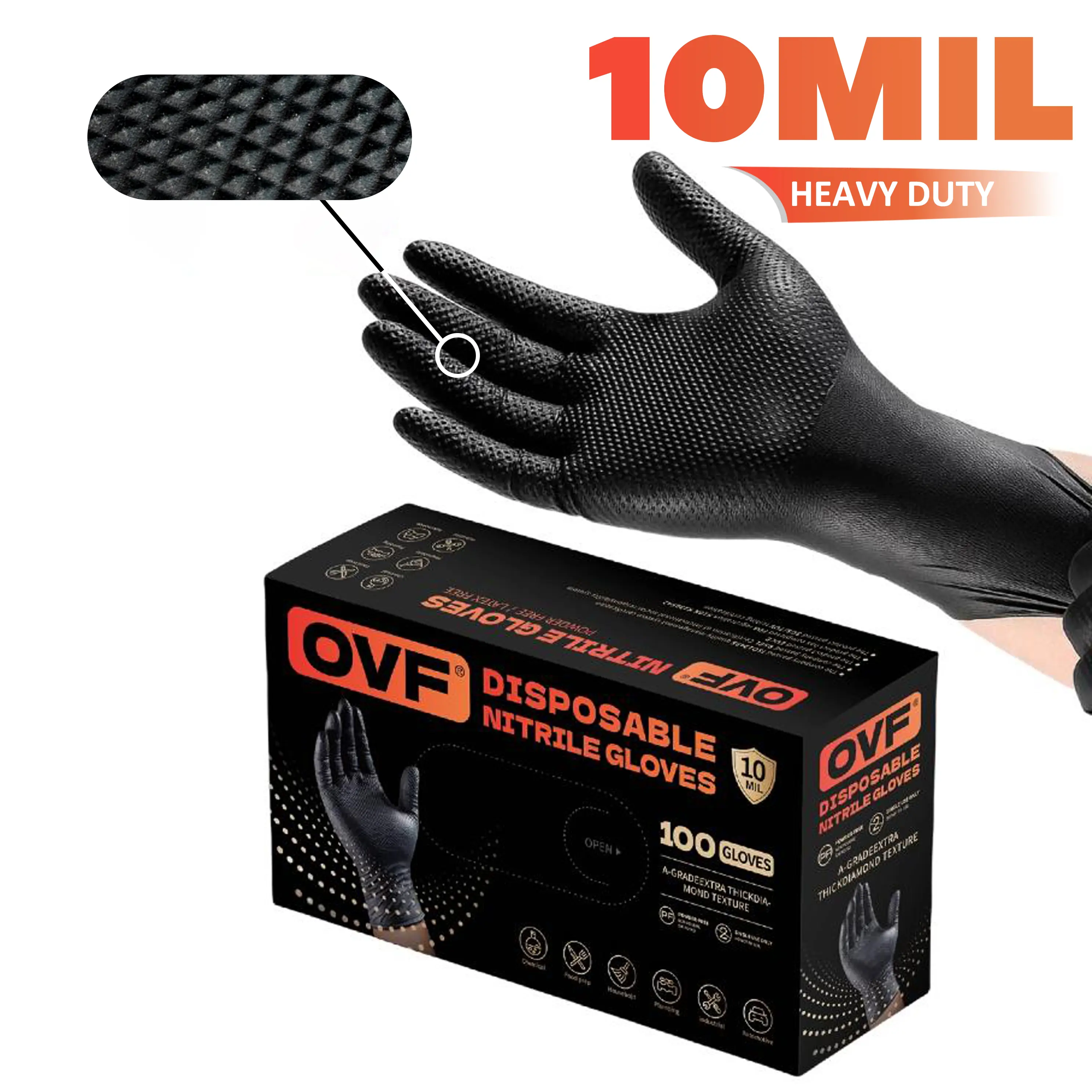OVF Black Nitrile Gloves, 5mil Heavy Duty Soft Disposable Gloves, 100 Count Latex Free Powder Free Reusable Gloves for Cleaning, Auto Repair, Food Processing, Tattoo, Hair Dye, Kitchen, Salon, Gardening (M-XL Sizes)