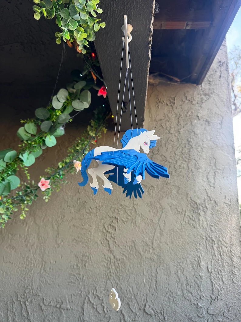 Flying Pegasus with Bright Blue Wings – Floating Hanging Mobile