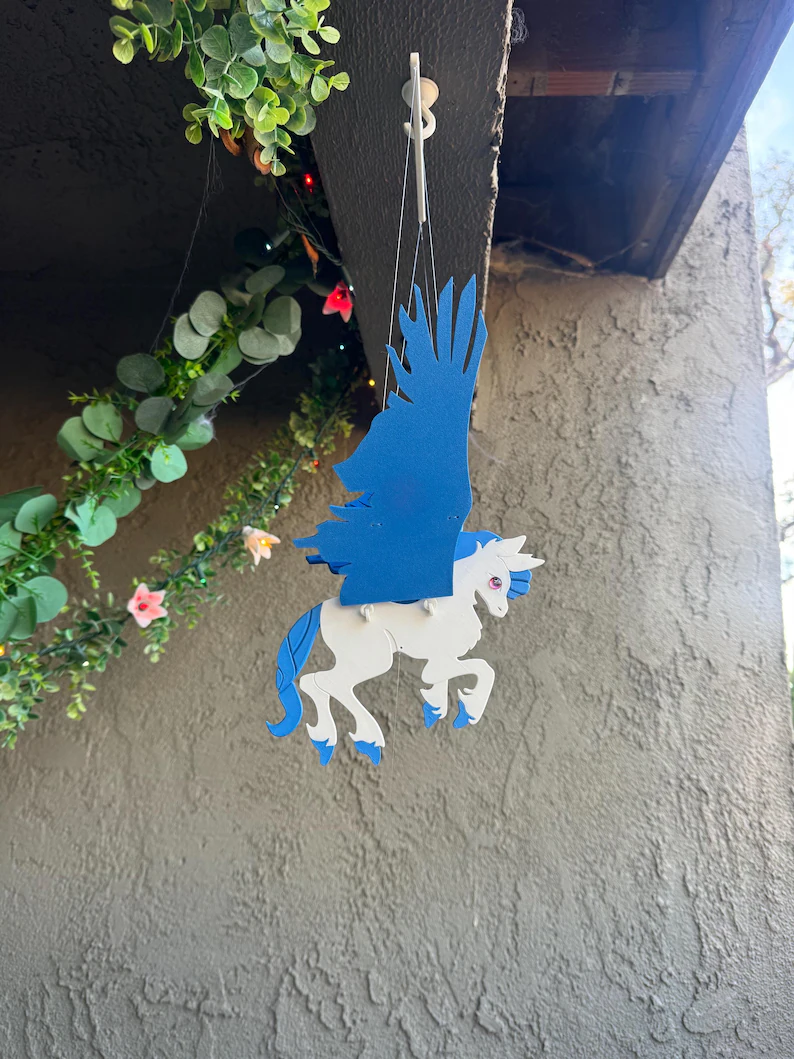 Flying Pegasus with Bright Blue Wings – Floating Hanging Mobile