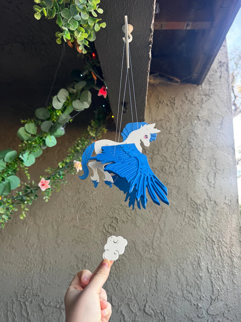 Flying Pegasus with Bright Blue Wings – Floating Hanging Mobile