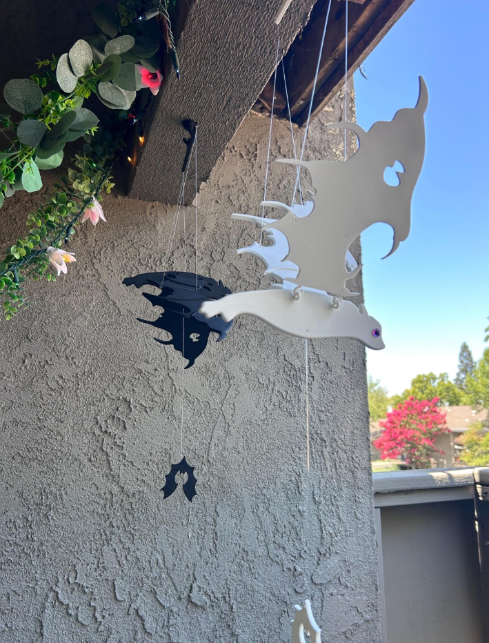 Flying Bat Duo — Black & White Hanging Halloween Mobile Set