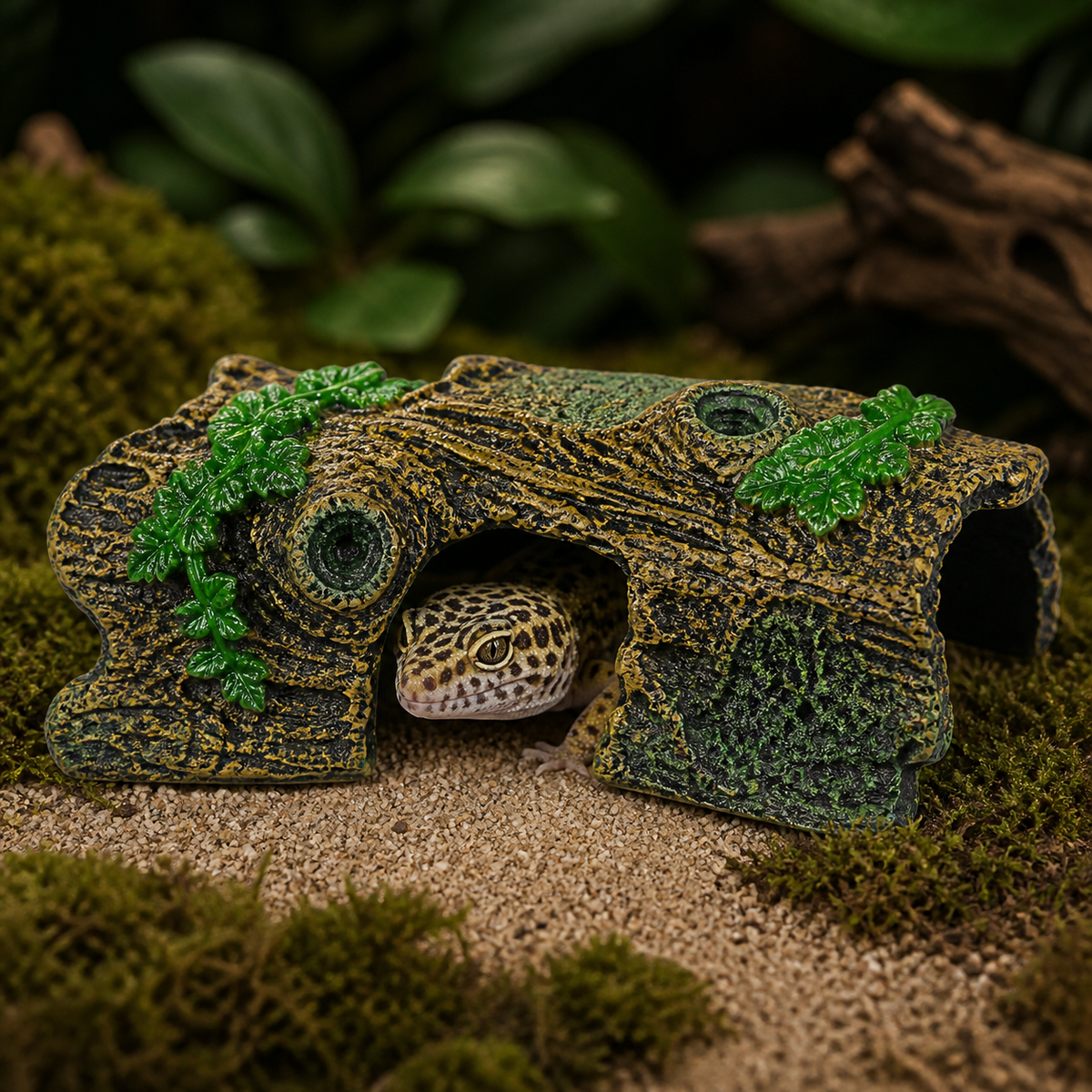 Yellow Pi Tree Trunk Hide for Gecko Terrariums | ReptiBlep reptile habitat decor