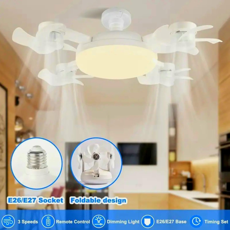 Foldable 4 Head Ceiling Fan Light with Remote, E26 E27 Socket Fan 3 Speeds 3 Color Timer Quiet Lamp