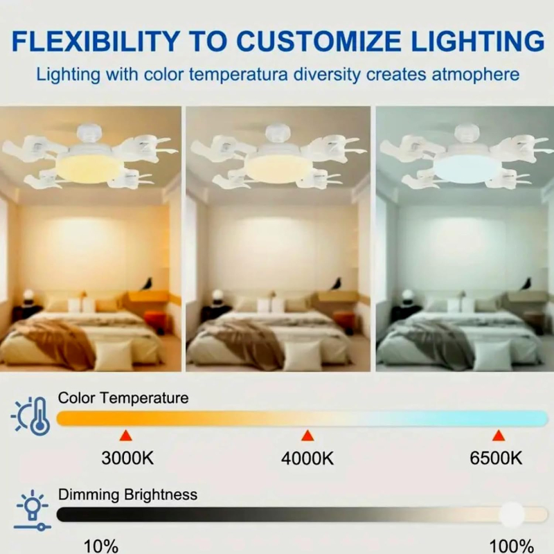 Foldable 4 Head Ceiling Fan Light with Remote, E26 E27 Socket Fan 3 Speeds 3 Color Timer Quiet Lamp