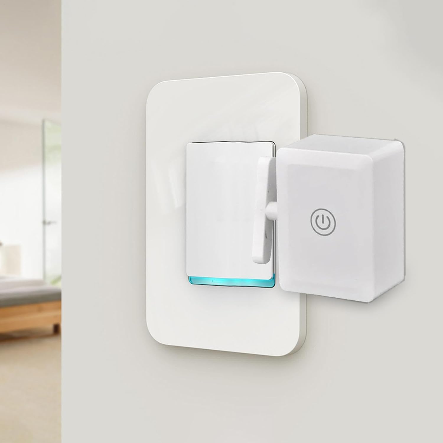 Hands-free remote control robot auto presses switches for lamps and household devices.