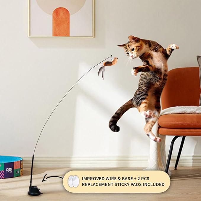 Suction Cup Bird Cat Toy with 5 Feather Bird Refills, Interactive Hunting Wand