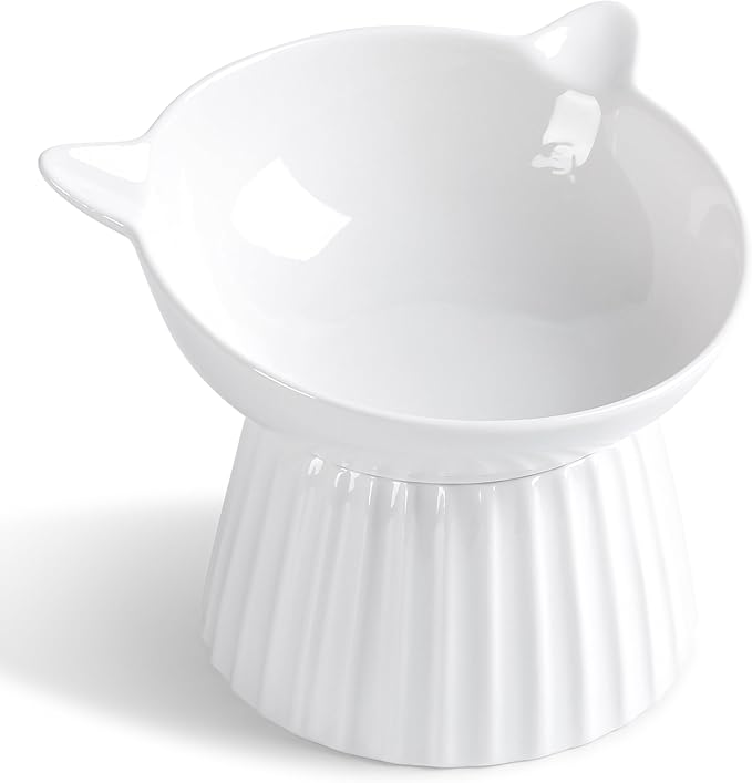 Tilted Raised Ceramic Cat Bowl, Whisker Friendly Anti-Vomit Feeder for Cats & Puppies