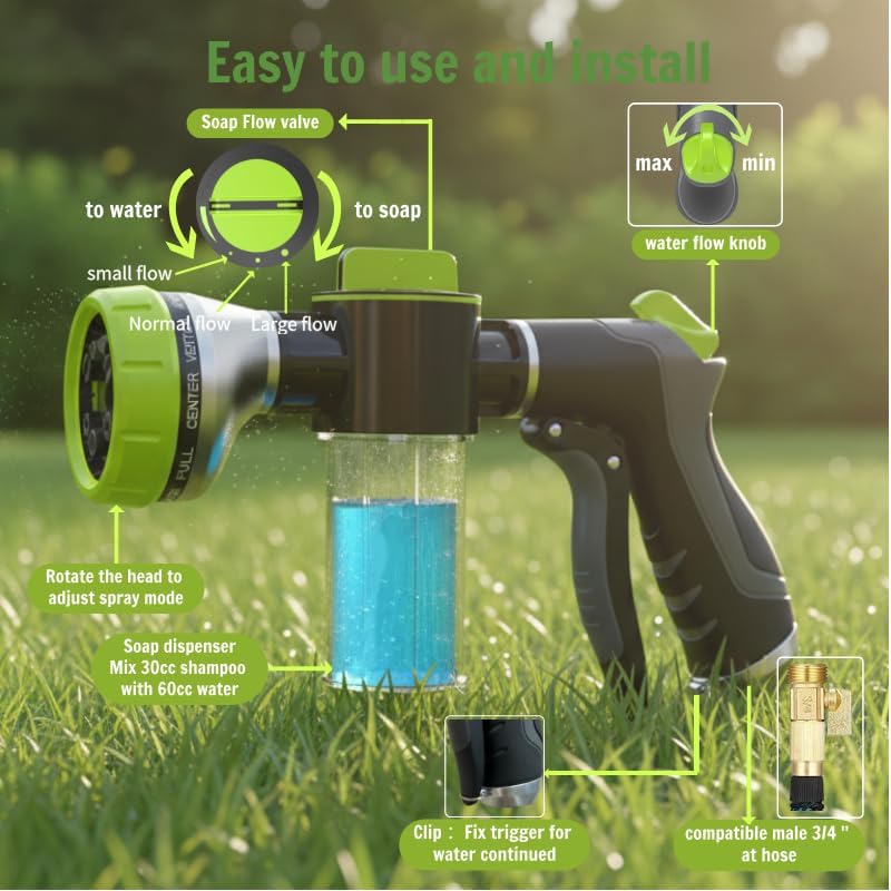 10 Spray Modes Pet Bath Hose Nozzle with Built-in Soap Dispenser for Dog & Cat Washing