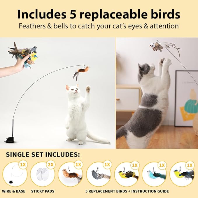 Suction Cup Bird Cat Toy with 5 Feather Bird Refills, Interactive Hunting Wand