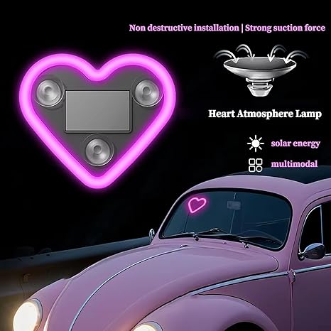 2PCS Solar Heart Neon Car Interior Lights | Vibration Sensing Pink Ambient Decor Lamp