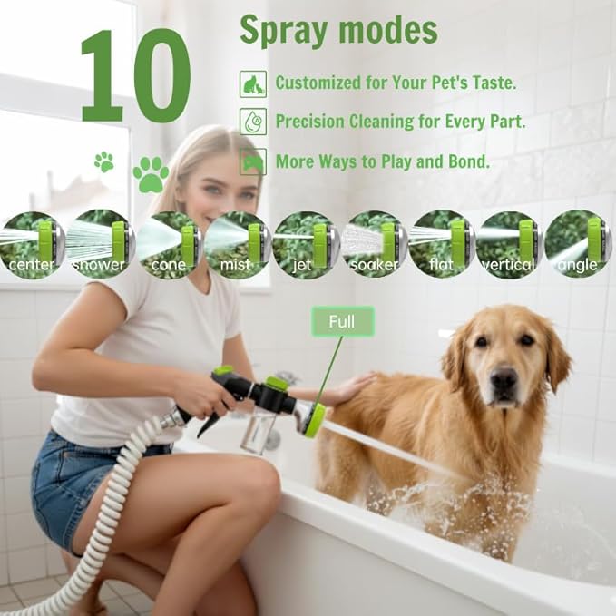 10 Spray Modes Pet Bath Hose Nozzle with Built-in Soap Dispenser for Dog & Cat Washing