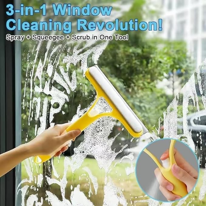 3PCS 3-in-1 Spray Sponge Squeegee, Silicone Window Cleaner for Glass Car Tile, Yellow/Blue/White