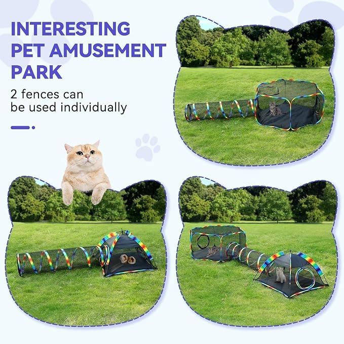 Rainbow Portable Cat Playpen with Tent & Tunnel, Outdoor Indoor Mesh Cat Enclosure