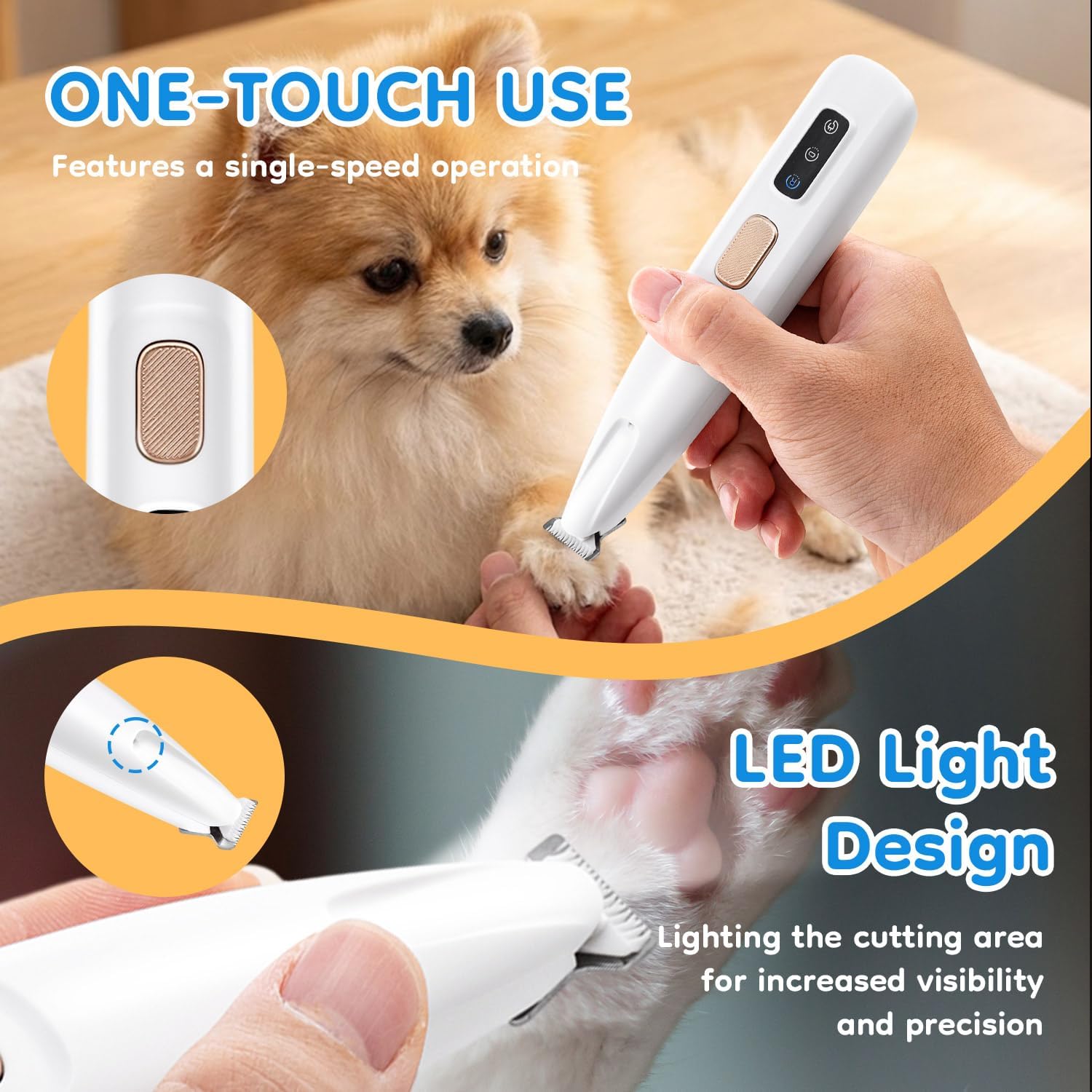 Quiet LED Pet Hair Trimmer, Waterproof Rechargeable Mini Shaver for Dog Cat Paws Eyes Face