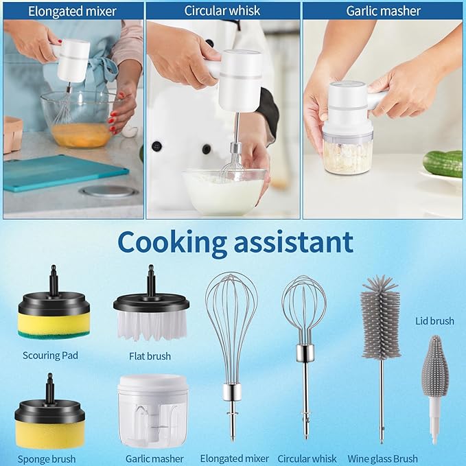 Cordless Electric Spin Scrubber with 8 Replaceable Brush Heads & 3 Adjustable Speeds, Rechargeable Handheld Power Cleaning Brush for Kitchen Dishes, Bottles & Sinks, White