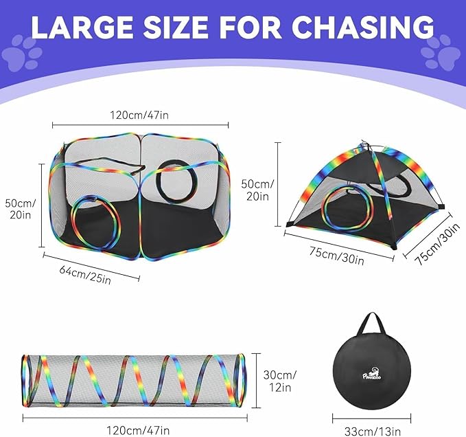 Rainbow Portable Cat Playpen with Tent & Tunnel, Outdoor Indoor Mesh Cat Enclosure