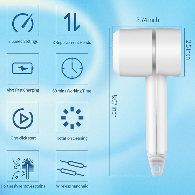Cordless Electric Spin Scrubber with 8 Replaceable Brush Heads & 3 Adjustable Speeds, Rechargeable Handheld Power Cleaning Brush for Kitchen Dishes, Bottles & Sinks, White