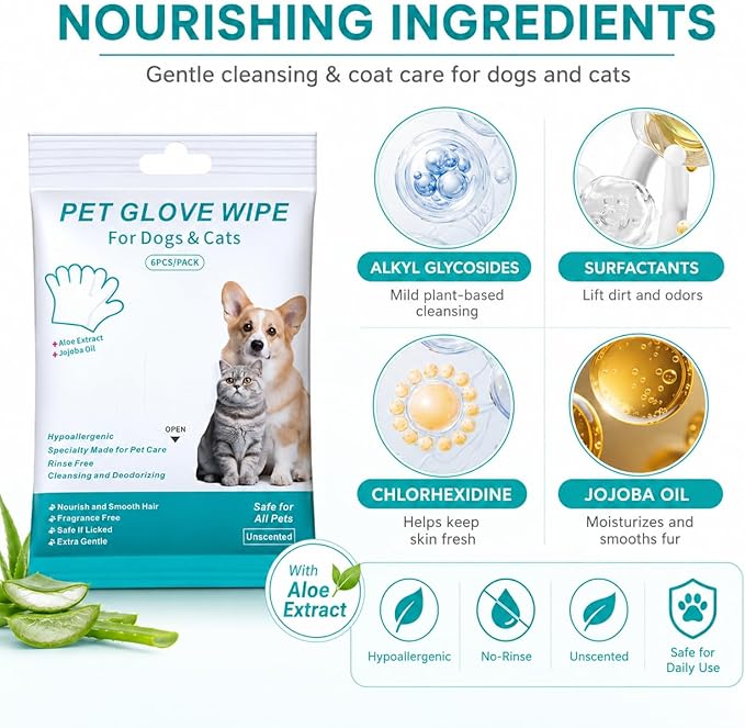6 Pack Disposable Pet Grooming Glove Wipes, Unscented Hypoallergenic No-Rinse Wipes for Dogs & Cats