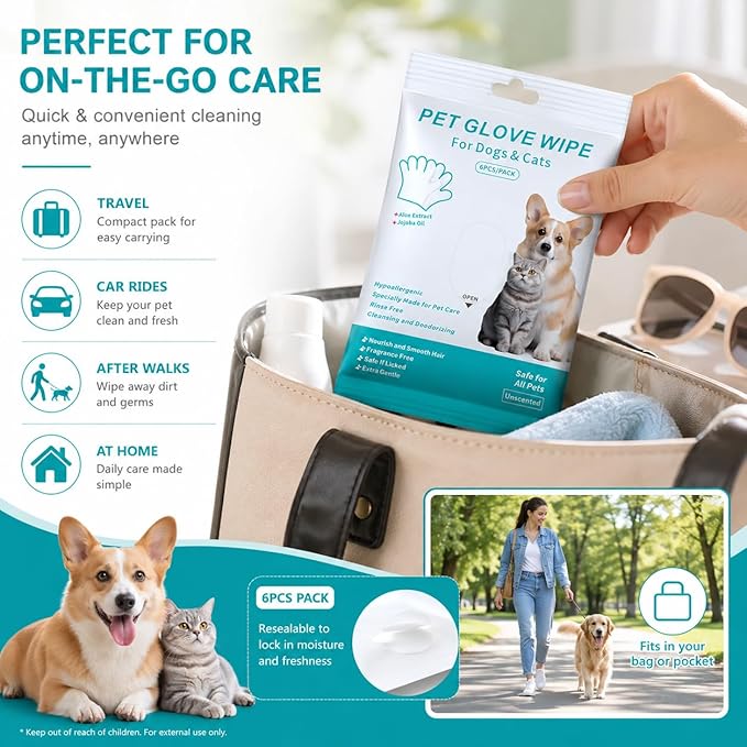 6 Pack Disposable Pet Grooming Glove Wipes, Unscented Hypoallergenic No-Rinse Wipes for Dogs & Cats