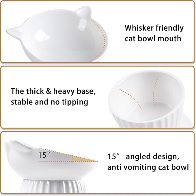 Tilted Raised Ceramic Cat Bowl, Whisker Friendly Anti-Vomit Feeder for Cats & Puppies