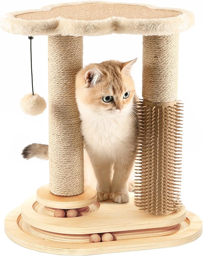 All-in-One Cat Scratching Post with Sisal, Self Groomer, Cloud Perch & Ball Toy for Kittens (17.5" Tall)