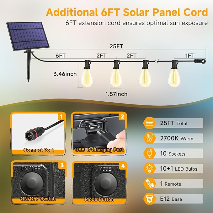 Solar S11 LED String Lights | Remote Dimmable Outdoor Patio Lights Black