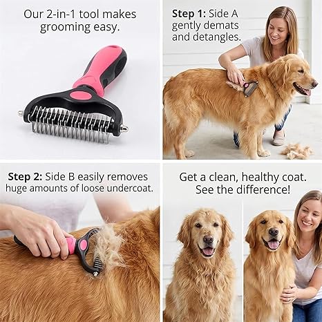 Double Sided Pet Undercoat Rake, Dematting & Deshedding Brush for Dogs & Cats